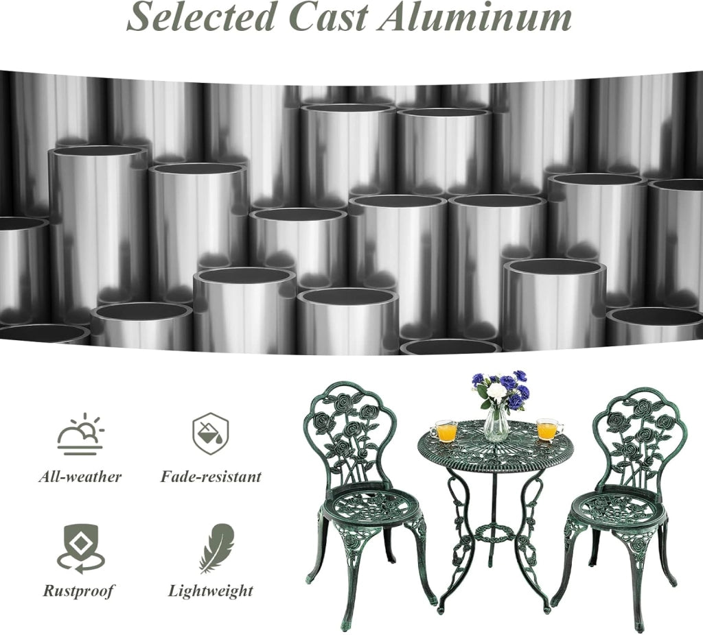 Set di 3 Mobili da Giardino, Tavolo da Giardino con 2 Sedie, Set da Bistrò in Alluminio Resistente alle Intemperie, con Motivo a Rose, per Balcone, Cortile, Terrazza, Verde Bronzo