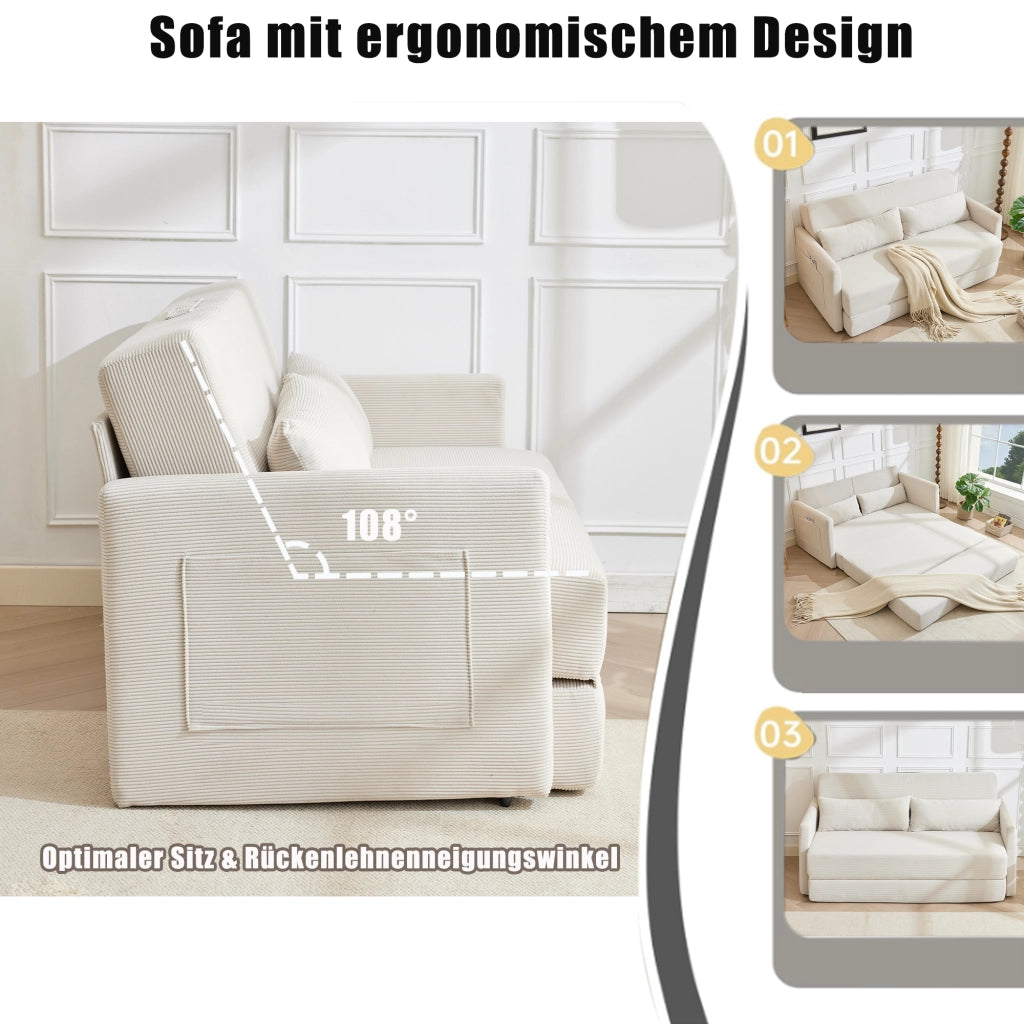 Divano letto pieghevole a 2 posti in tessuto effetto corda con 2 cuscini lombari e tasche beige per piccoli spazi