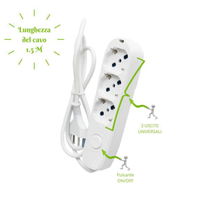 Ecova 30101x multipresa 3 prese universali con interruttore e cavo 1,5 metri bianco