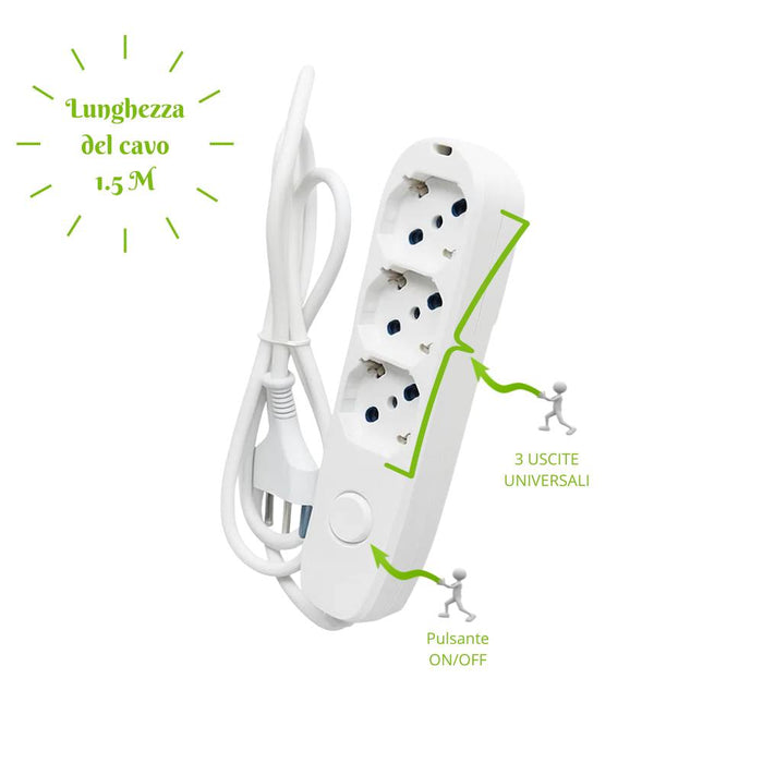 Ecova 30101x multipresa 3 prese universali con interruttore e cavo 1,5 metri bianco