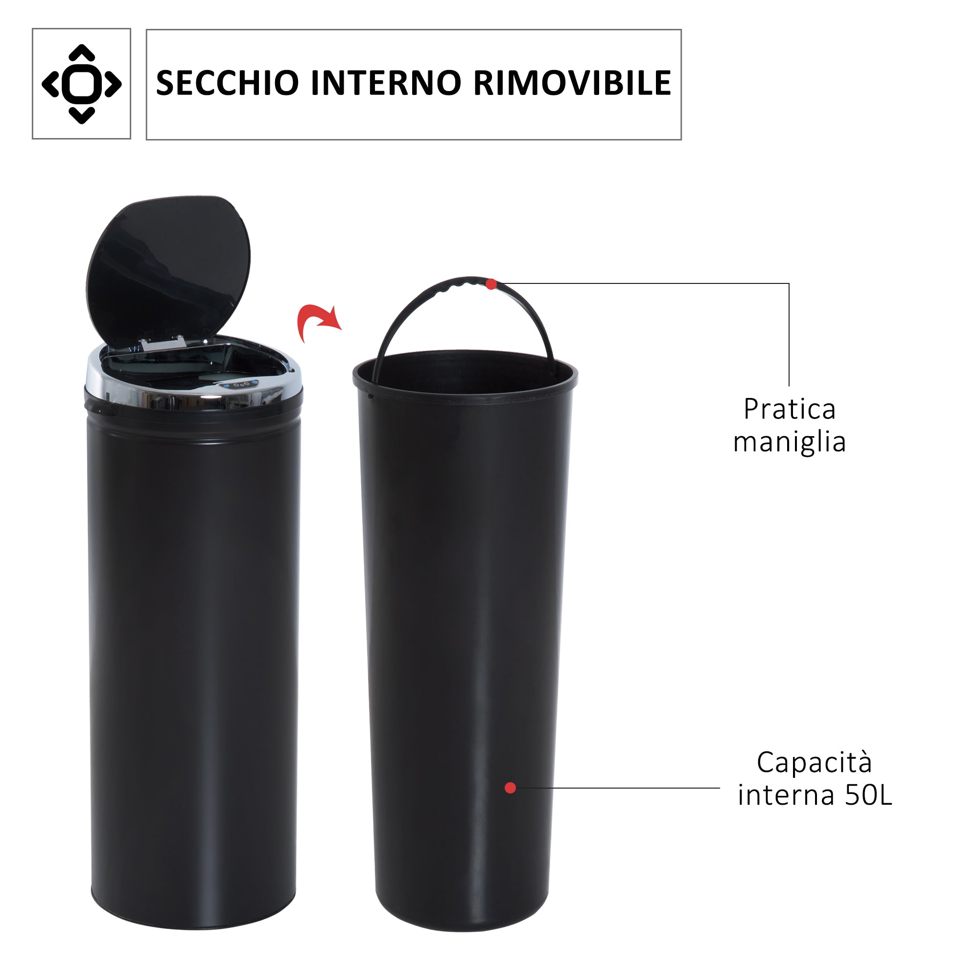 Easycomfort Pattumiera Automatica con Sensore a Infrarossi e Capacità 50L, Acciaio Inox e Plastica, Nero, 30.5x30.5x81.5cm
