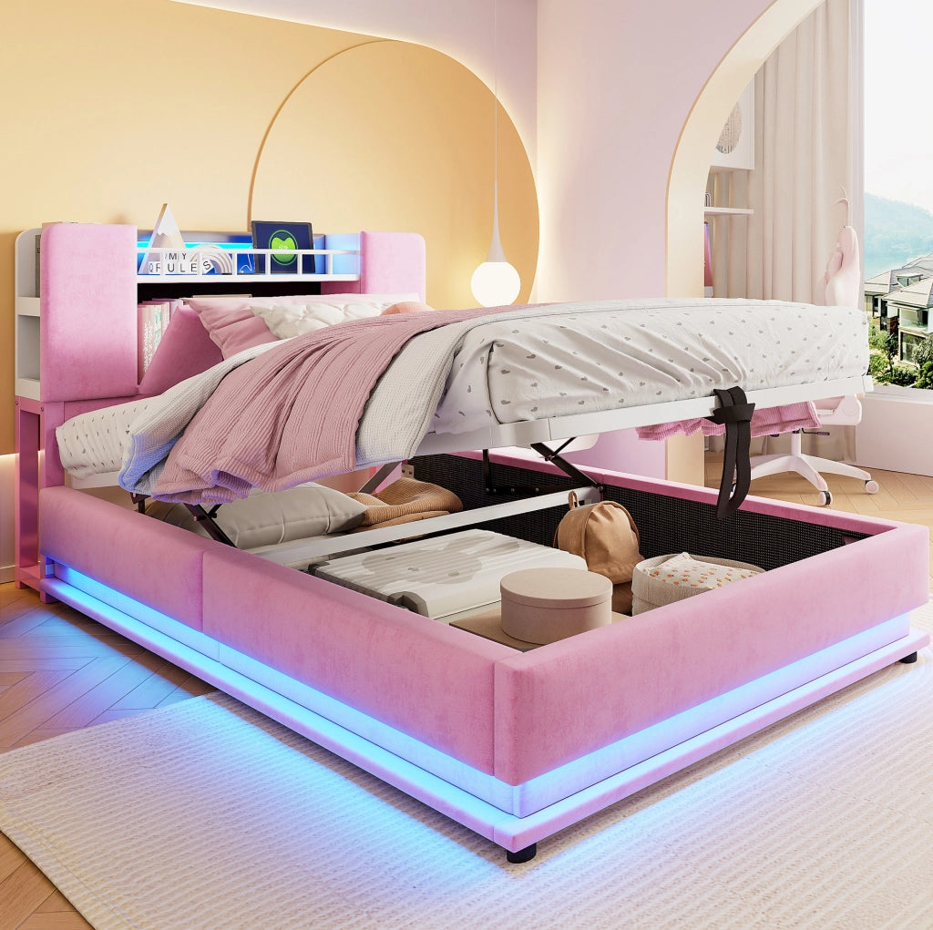 Letto imbottito per bambini 90 x 200 cm rosa con LED, USB e vano contenitore