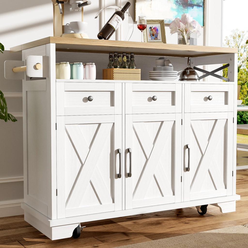 Isola da cucina con 3 cassetti; piano ribaltabile; portaasciugamani e ruote; in MDF e metallo; 118 x 43-70 x 98 cm; bianco