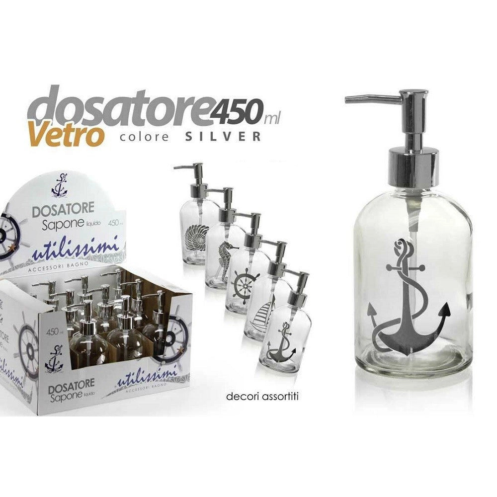 Trade Shop - Porta Sapone Liquido Dosatore Silver 450ml 8x18 Cm Vetro Decori Assortiti 775680 -