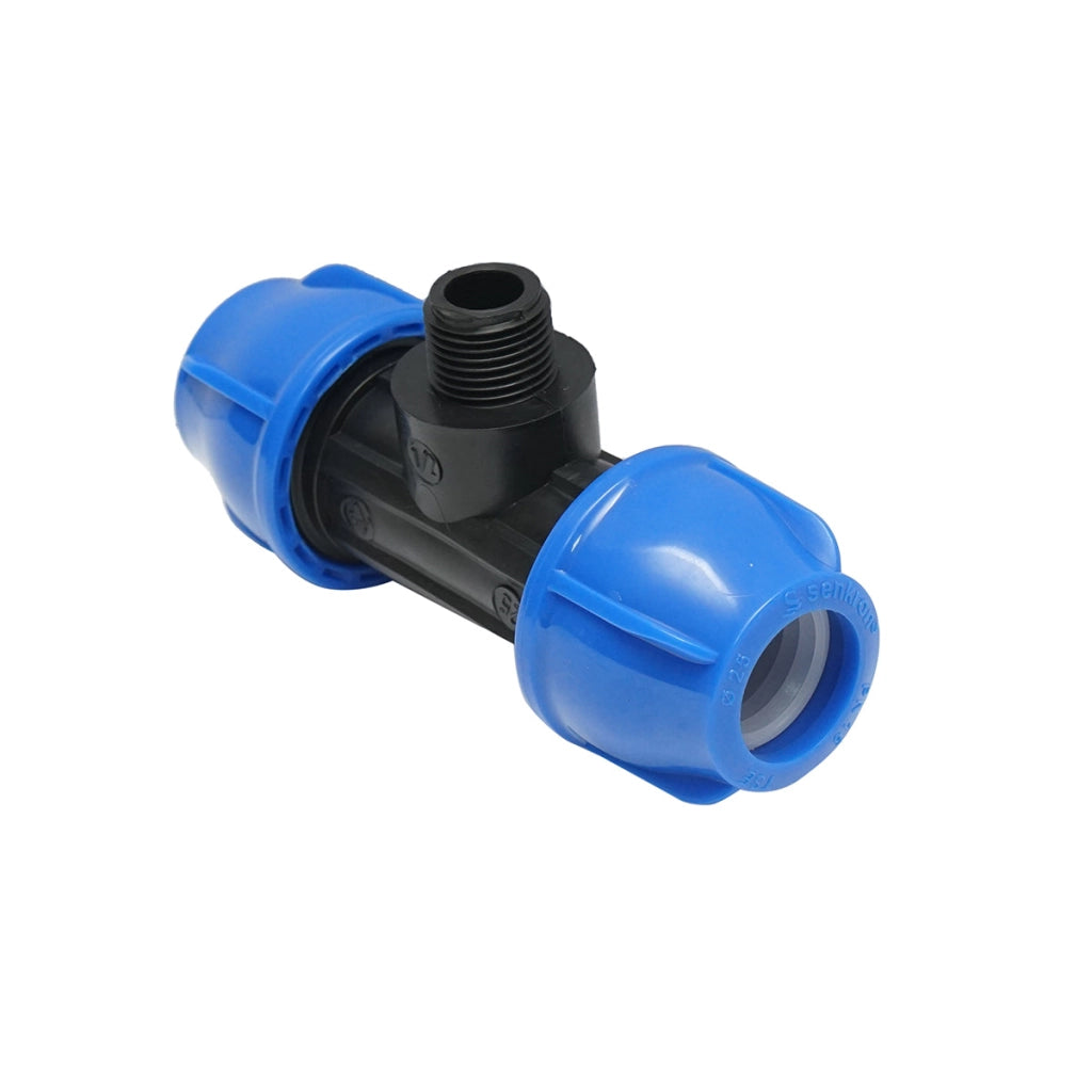 Quadrato a T di compressione con filettatura esterna maschio a 90 gradi D25x25mmx1/2, PN16 bar per sistemi di irrigazione.
