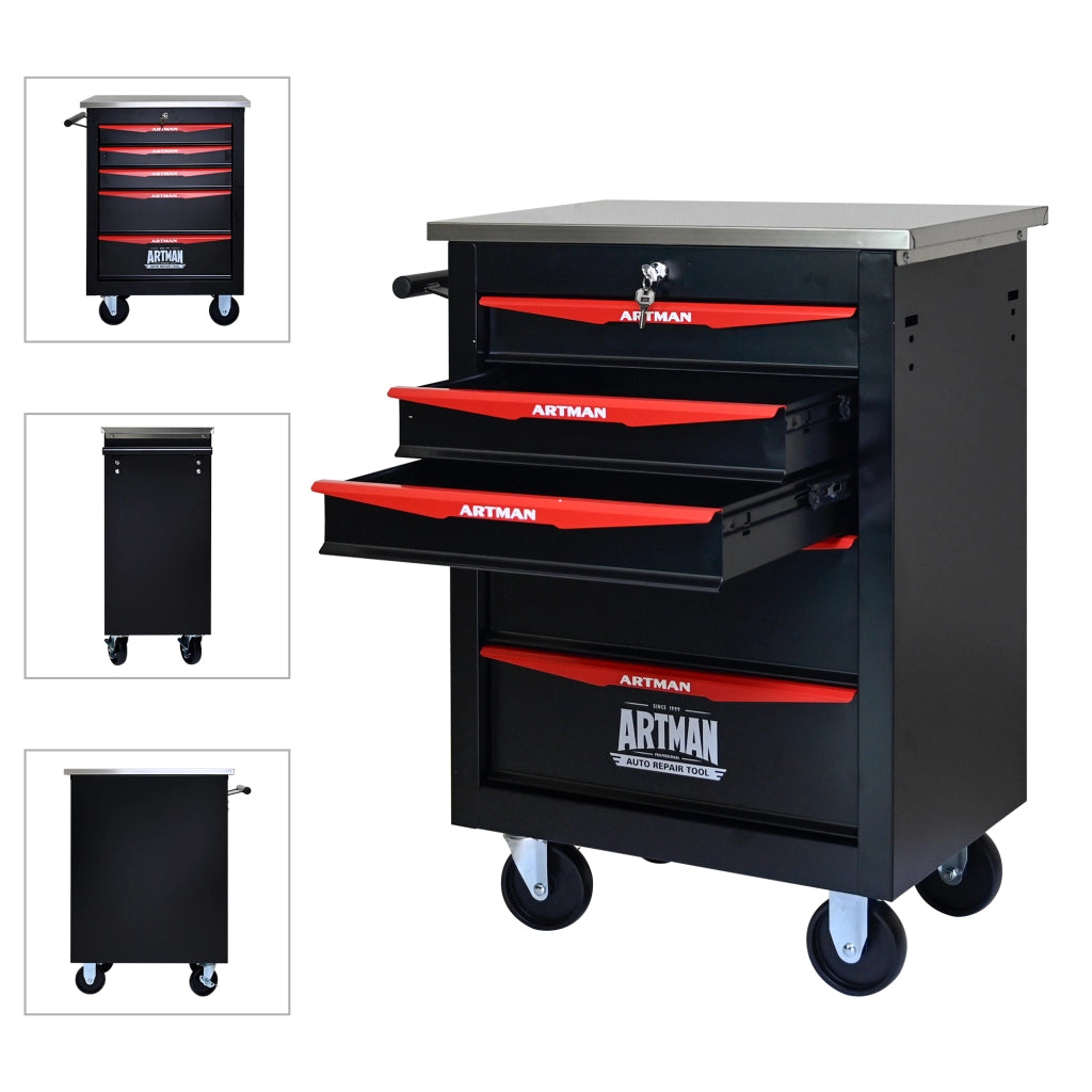 Mobile contenitore con 5 cassetti e ruote in acciaio per garage e officina, con chiusura a chiave, nero rosso