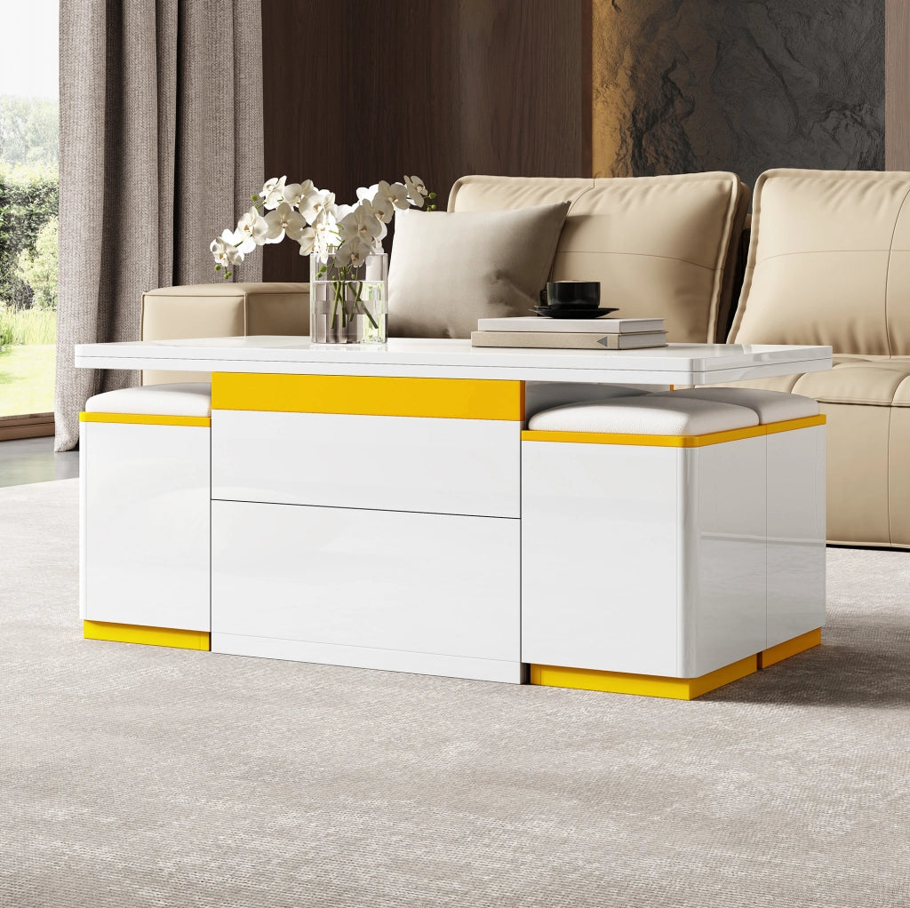 Tavolino da caffè trasformabile con 4 sgabelli contenitore 100x50x43 cm in MDF e truciolare bianco e giallo