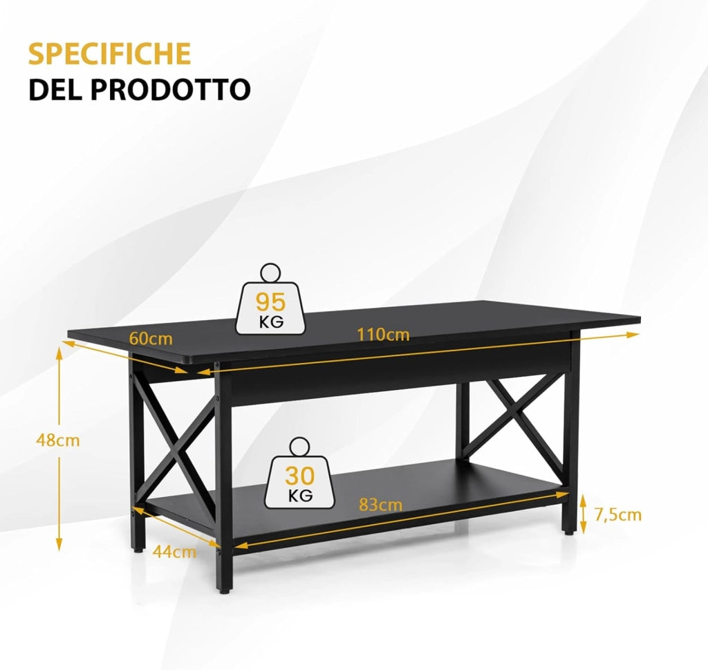 Tavolino da Salotto 2 Livelli, Tavolino da Caffè Industriale con Struttura in Metallo a Forma di X, Tavolino Rettangolare per Soggiorno, Studio e Ufficio, 60 x 110 x 48 cm (Nero)