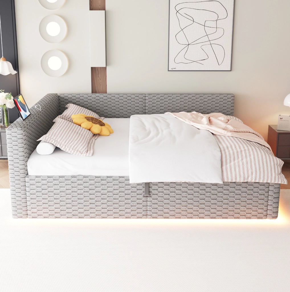Letto imbottito ULEVR 140x200 cm con contenitore idraulico, LED, USB e Type-C, velluto grigio