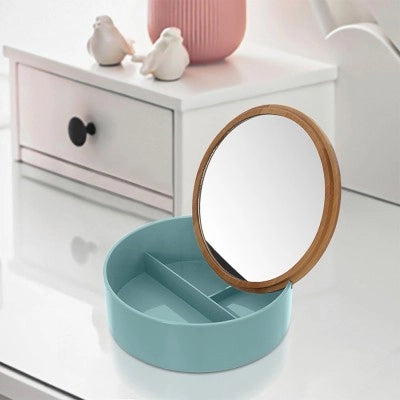 Porta trucchi da bagno tondo in plastica turchese e bambù completo di specchio