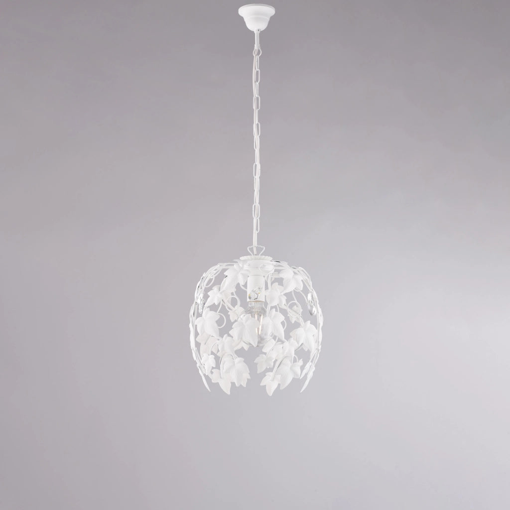 Lampadario in ferro laccato bianco con decorazione effetto shabby chic e strass in cristallo 1 luce