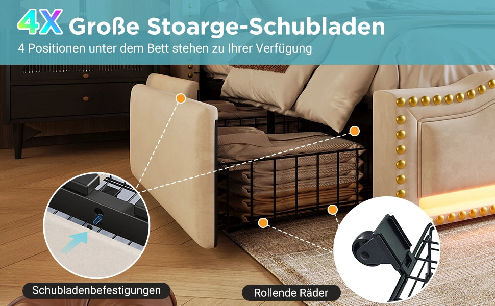 Letto Contenitore Imbottito con Cassetti, LED e USB ¨C MINIMAL ¨C Velluto Beige 160x200 con Materasso