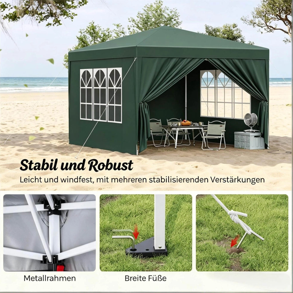 Gazebo pieghevole 3x3 m verde con pareti laterali