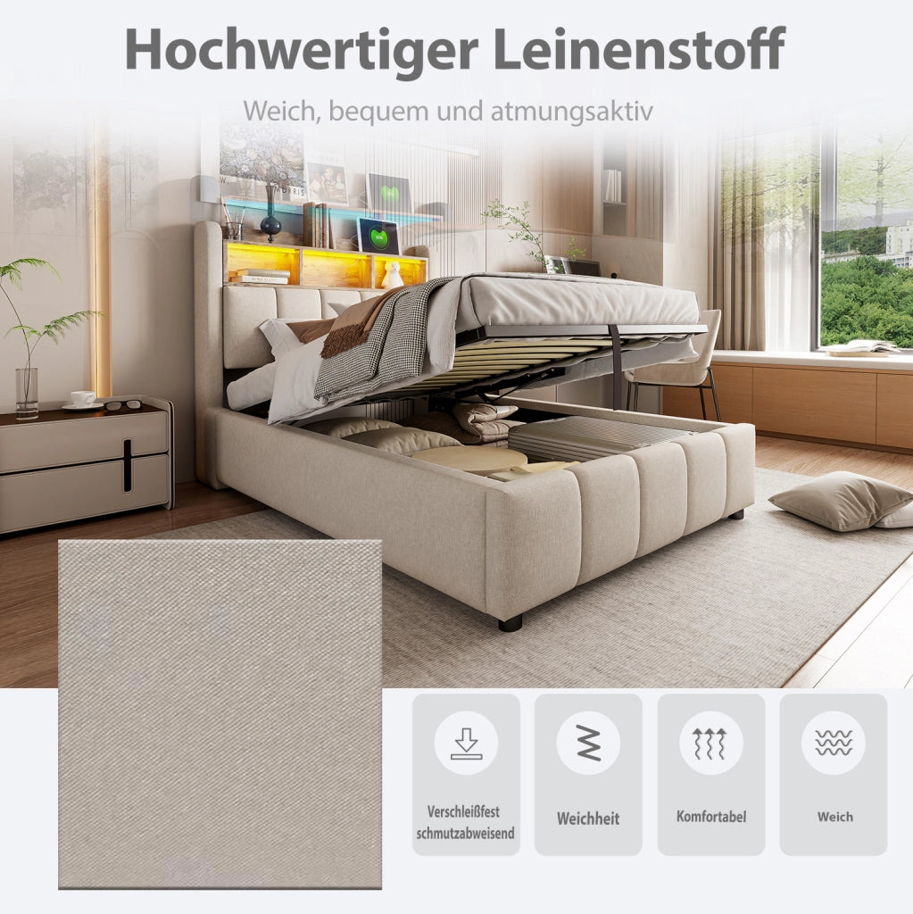 Letto imbottito 90x200 cm beige con LED, USB e vano contenitore
