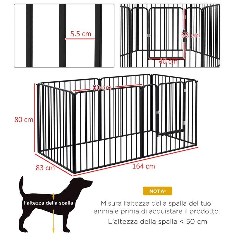 RECINTO PER CANI A 6 PANNELLI MODULABILI DA INTERNO ED ESTERNO, IN ACCIAIO, 164X83X80 CM, NERO