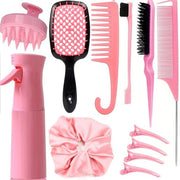 Set di Spazzola per Capelli - 12 pezzi - Rosa - Con Flacone Spray - Spazzola per Sciogliere - Adatto per Capelli Naturale/Secchi/Crini - Adatto per Bambini e Ragazze Piccole