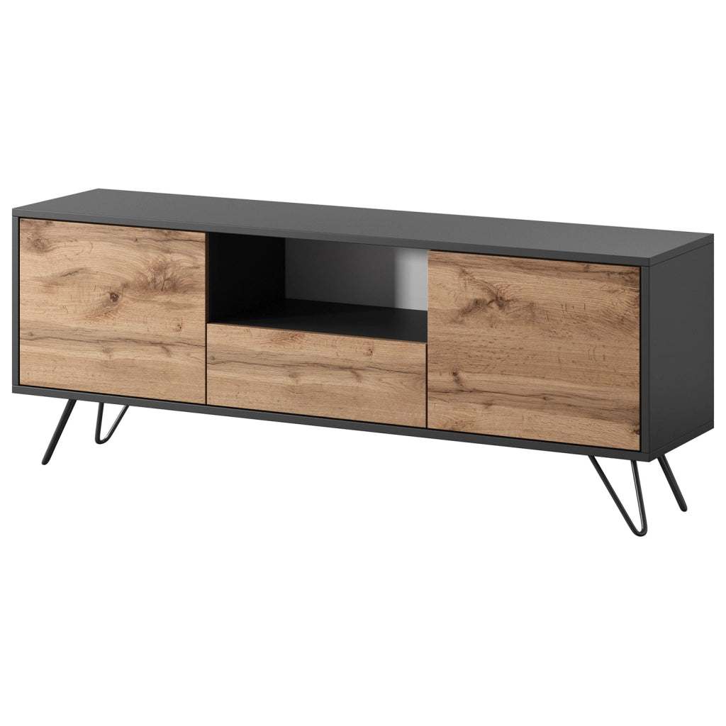 Mobile TV Con 2 Ante Battenti Anta A Ribalta E Vano A Giorno Design Minimal Moderno Per Soggiorno Salotto Sala Da Pranzo E Zona Living 137 x 52 x 33 cm Nero E Rovere