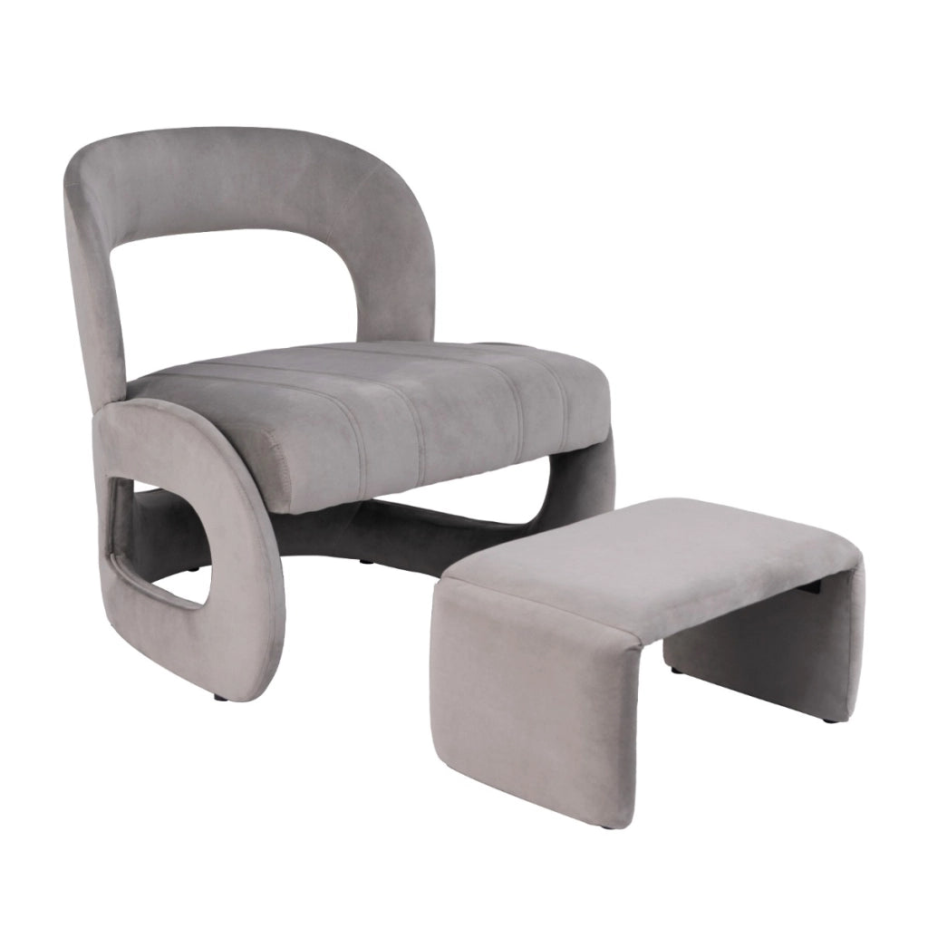 Poltrona con pouf schienale curvo aperto e seduta imbottita in spugna, Set di poltrona e pouf rivestiti in velluto Grigio-Sedie e poltrone
