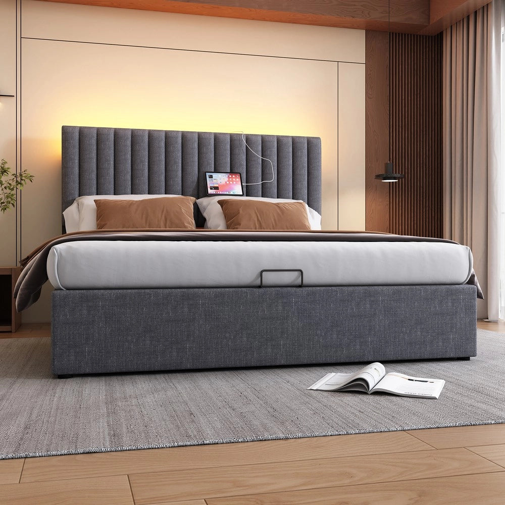 Letto Imbottito Contenitore Matrimoniale LED ¨C MINIMAL ¨C Testiera Regolabile, USB, Doghe Legno, 140x200, Grigio
