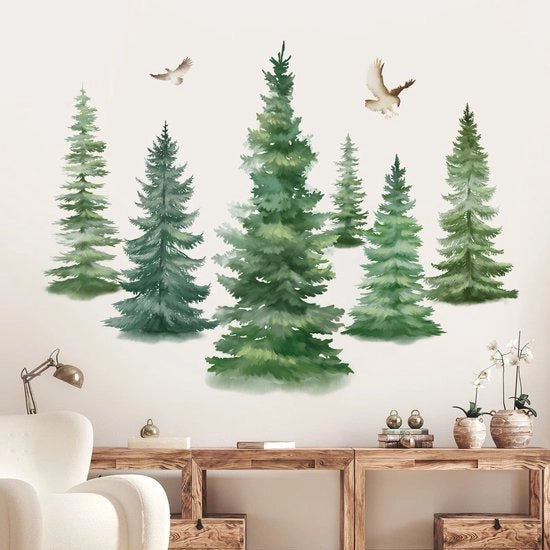 Decorazione per Parete con Pittura Acquatica - Albero di Pino Grande - Decorazione per Parete - Tattoo per Parete - Uccelli - Adatto per Camera da Letto e Sala da Pranzo