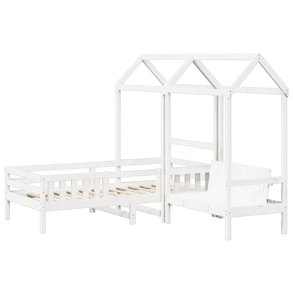 Letto singolo | Letto per adulti | Giroletto con Panca e Tetto Bianco 80x200cm Legno Massello Pino