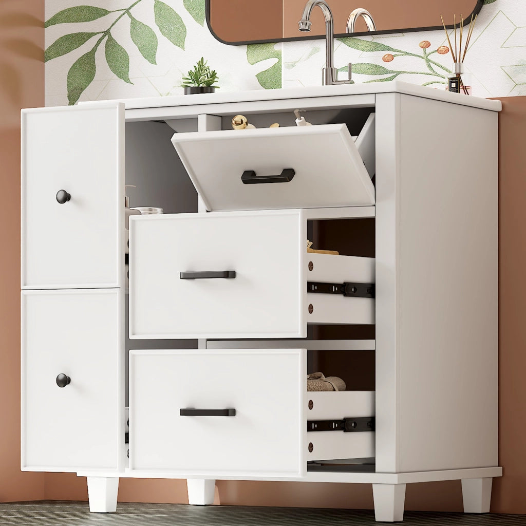 Mobile lavabo freestanding in MDF e ceramica, bianco, 76,5 x 47 x 83,5 cm, con 4 cassetti e cassetto ribaltabile