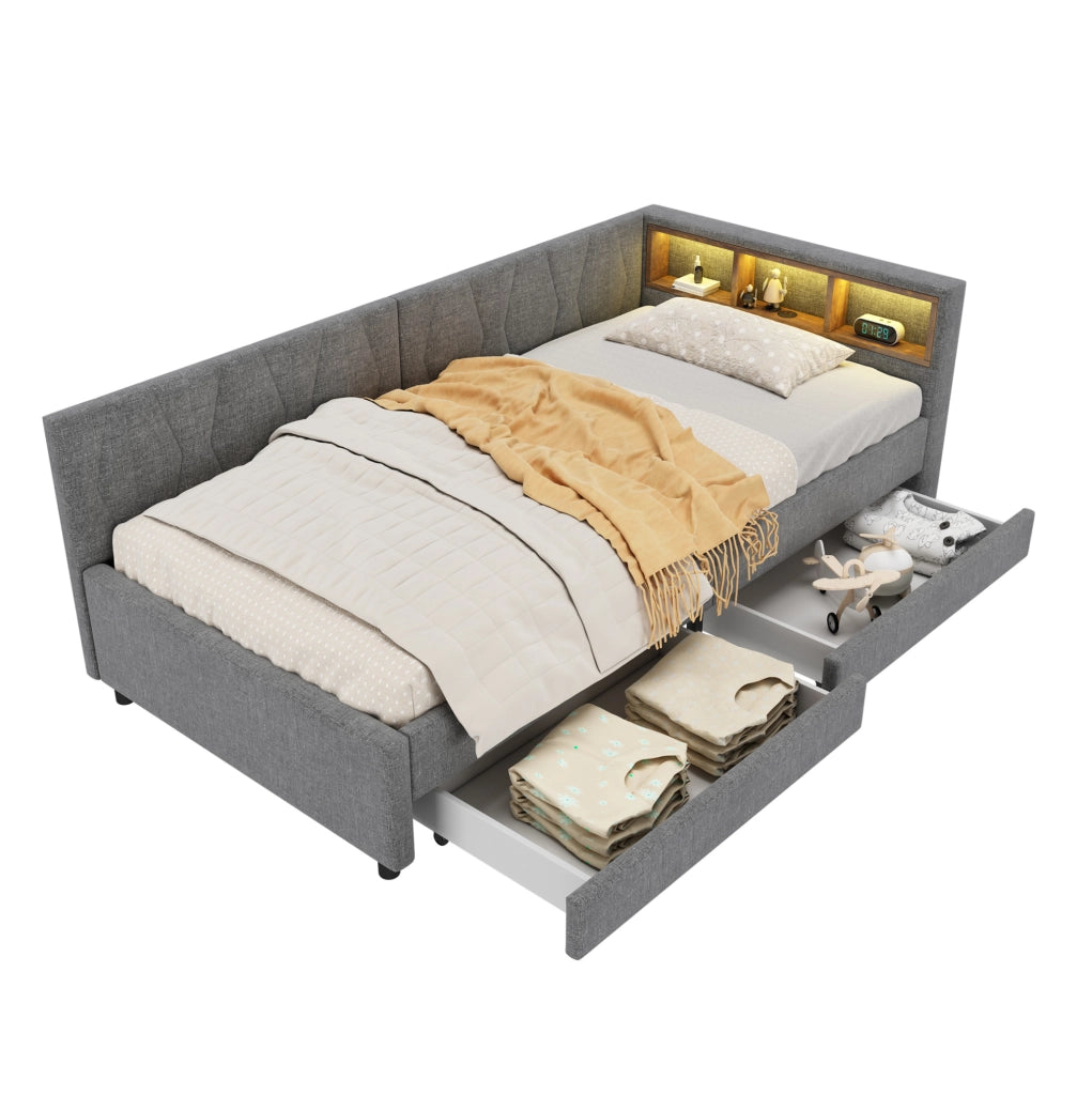 Divano letto 90x200 cm con LED; USB e Type C; in lino e MDF grigio (Senza materasso)