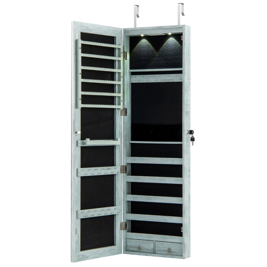 Armadio portagioie con specchio in legno a parete con LED interno 35,5x10x120cm Blu chiaro-Armadietti per gioielli