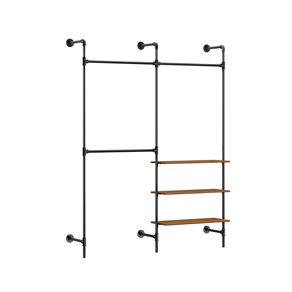 SoBuy appendiabiti da parete industriale, rack tubolare fisso con 3 barre & 3 ripiani in MDF, armadio aperto pesante salvaspazio, nero industriale KLS18-SCH