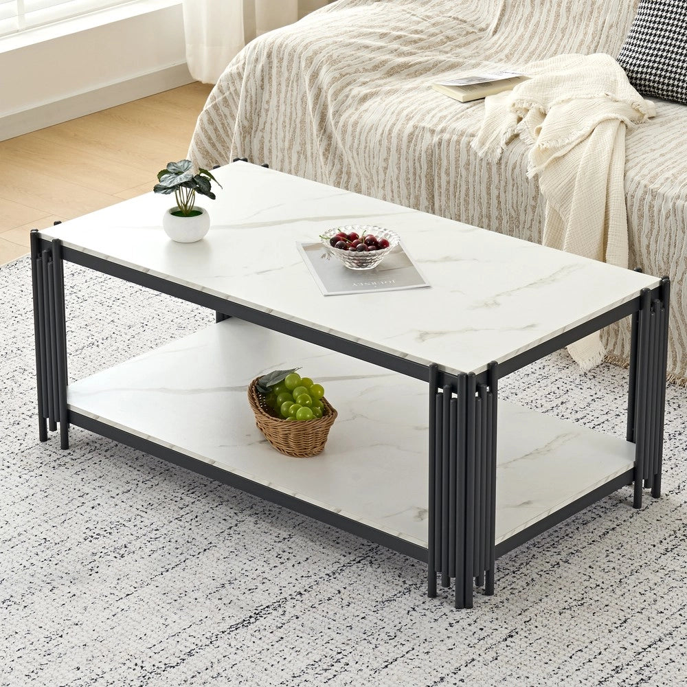 Tavolino da Salotto Rettangolare ¨C MINIMAL ¨C Piano Effetto Marmo, Gambe in Metallo, Bianco/Nero, 140x64x46 cm