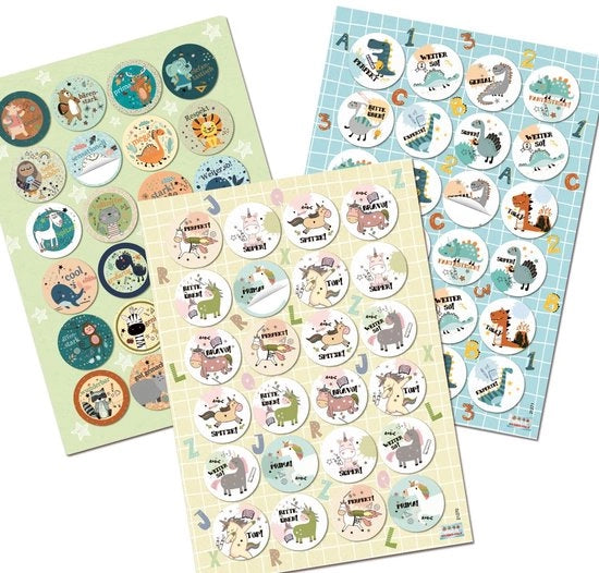 Sticker motivanti per bambini 3 x 24 - Animali/Dinosauri/Iene - Sticker per bambini - Lofsticker - Sistema di ricompensa - Uso scolastico
