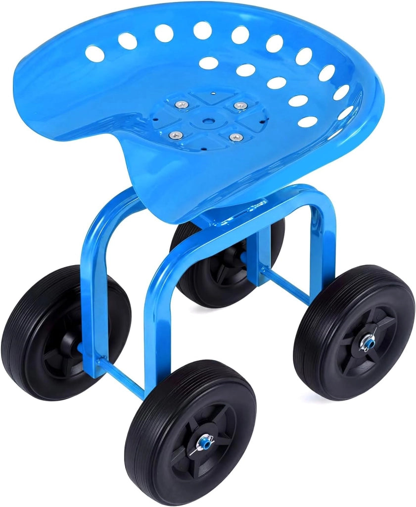 Sgabello con Ruote per Giardinaggio, Sedile con Ruote Regolabile in Altezza e Portatile, Seggiolino da Giardino, Prato e Cortile, Portata 150kg (Blu)
