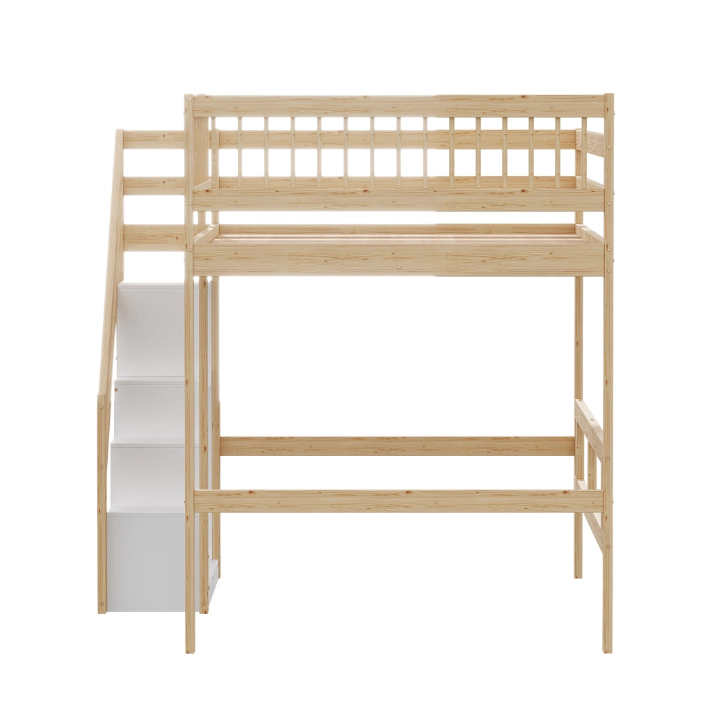 Letto a Soppalco Letto Matrimoniale con Scala Contenitore e Sponda Alta 140×200 cm; Senza Materasso; Legno Naturale
