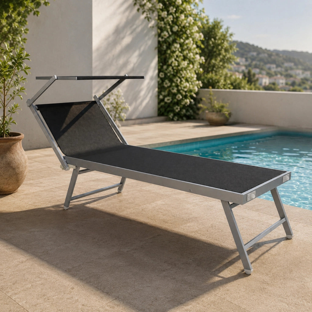 Lettino Prendisole Pieghevole Professionale Alluminio Textilene Tettuccio Orientabile Parasole Mare Spiaggia Piscina Giardino 182 x 60 x 38 Cm Nero