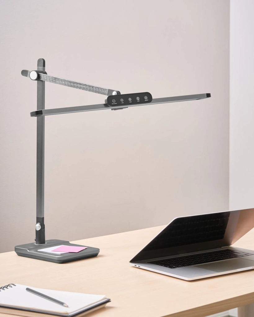 Lampada da scrivania professionale per ufficio grigia illuminazione da tavolo per lettura e computer braccio regolabile dimmer continuo
