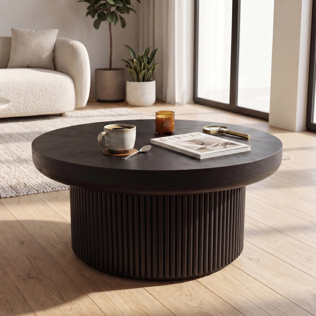 Tavolino basso rotondo con base cilindrica scanalata e piano effetto parquet, per soggiorno, in legno e MDF, nero, 78 cm