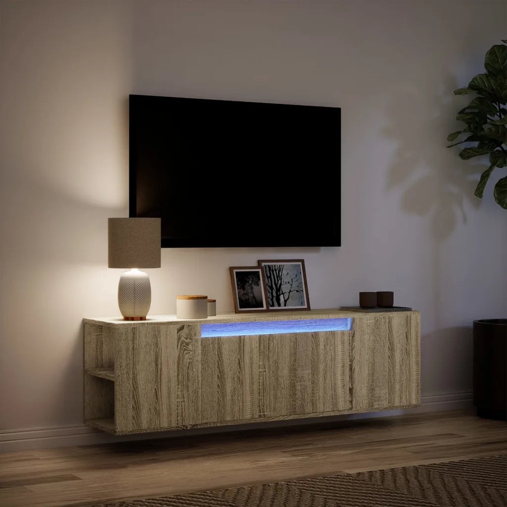 Mobile TV a Parete con Luci LED Rovere Sonoma 135x31x39,5 cm