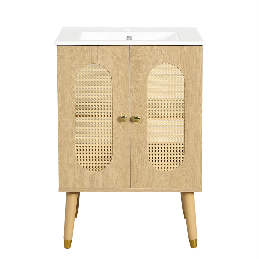 Mobile Sottolavabo 61x47x89 cm Effetto Legno con 2 Ante in Rattan e Ripiani Interni
