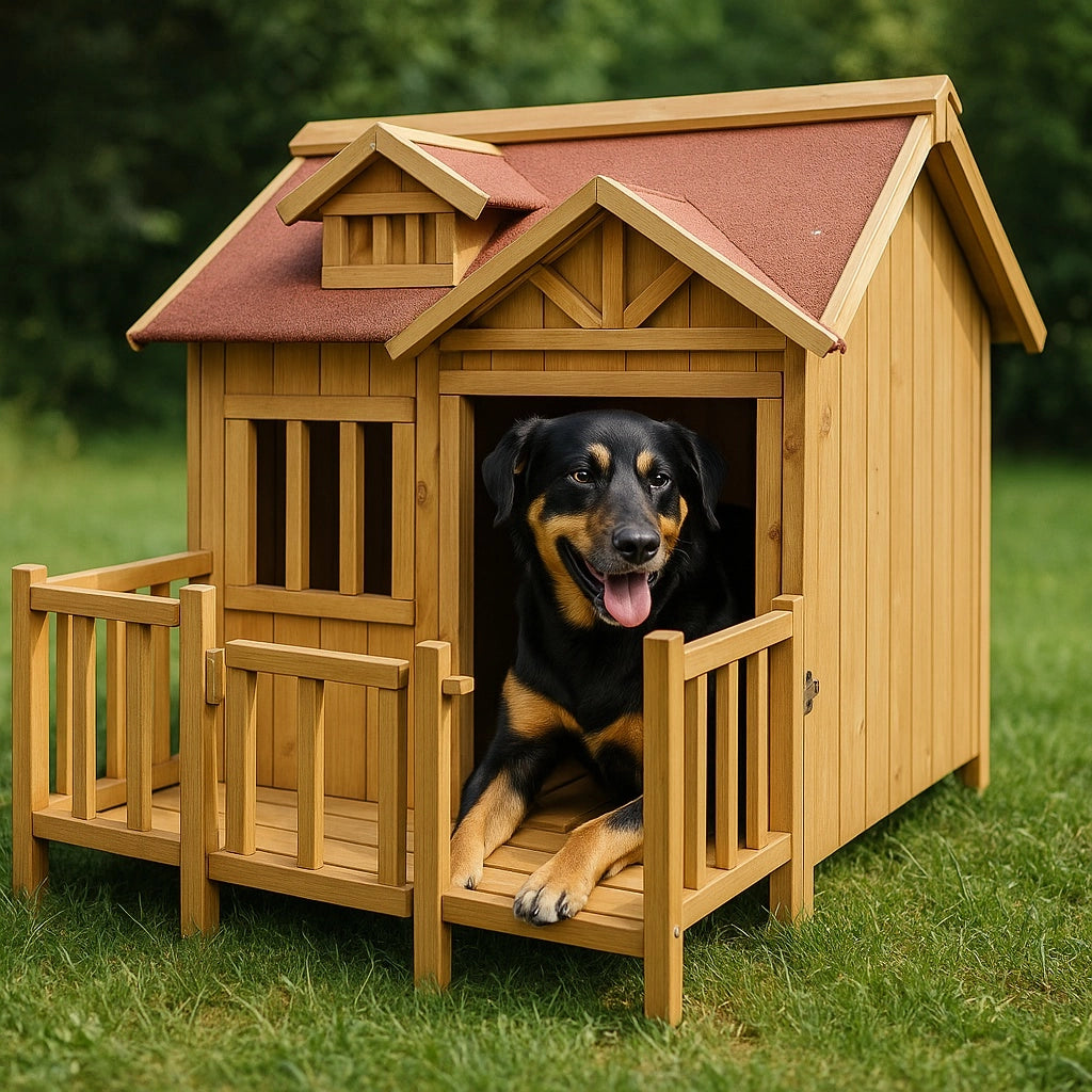 Cuccia e capanna per cani di lusso XL Terrazza in legno e porta a lamelle Legno massiccio