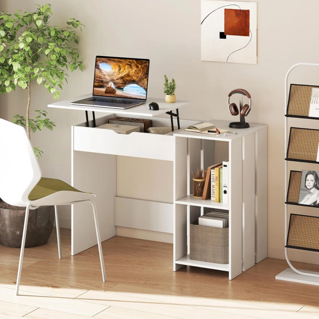Scrivania per computer con piano sollevabile-Scrivania moderna per laptop con scomparto nascosto e 2 ripiani aperto Bianco