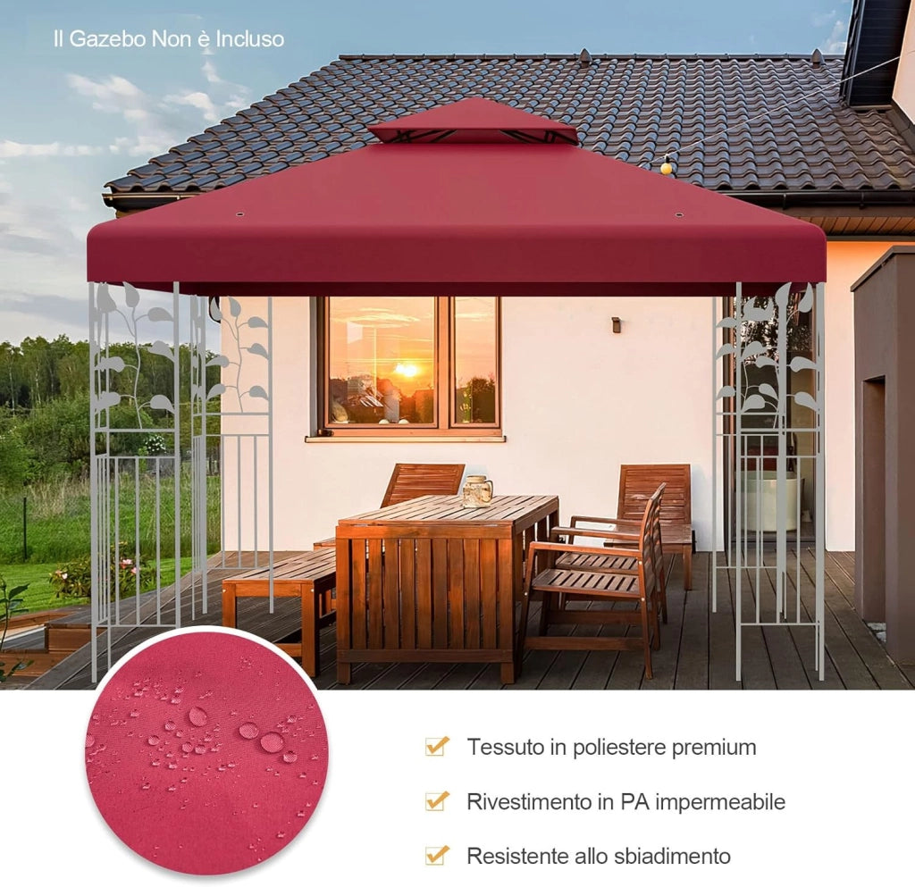 Tettoia di Ricambio per Gazebo da 3 x 3 m, Doppio Strato Superiore, Copertura per Gazebo da Giardino con Gancio e Chiusura a Strappo (Vino)