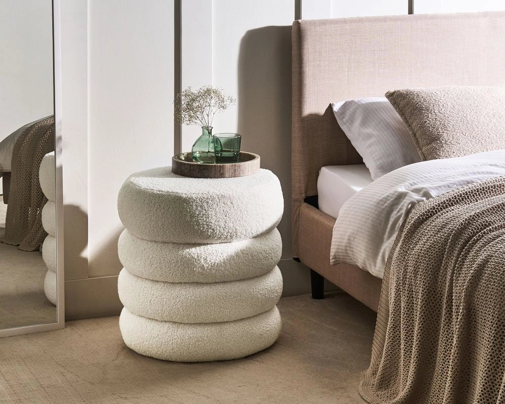 Poggiapiedi Bianco sporco Boucle Round Pouf imbottito Glam Ottomane Mobili Soggiorno