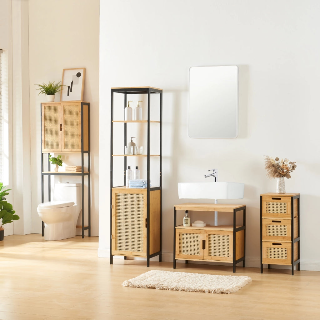 Cassettiera Tervola con 3 Cassetti in Bambù - Nero / Naturale / Effetto Rattan [en.casa]