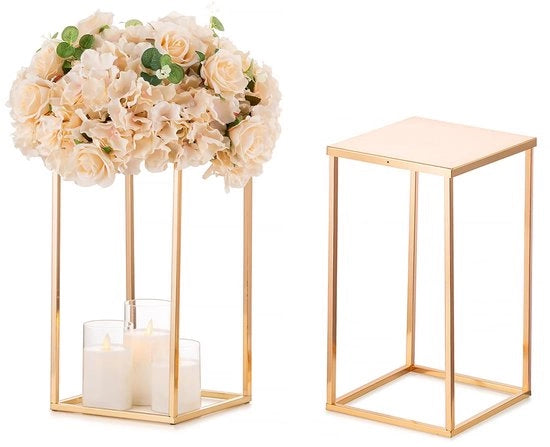 Decorazione per tavola, coppia di vasi rettangolari in metallo dorato da 40 cm, con base, per decorazioni di matrimonio, feste, compleanni, anniversari e ricevimenti