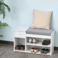 Panca Scarpiera con Cuscino, Cassetto e 3 Vani Aperti in Legno, 81x31.5x49cm, Bianco
