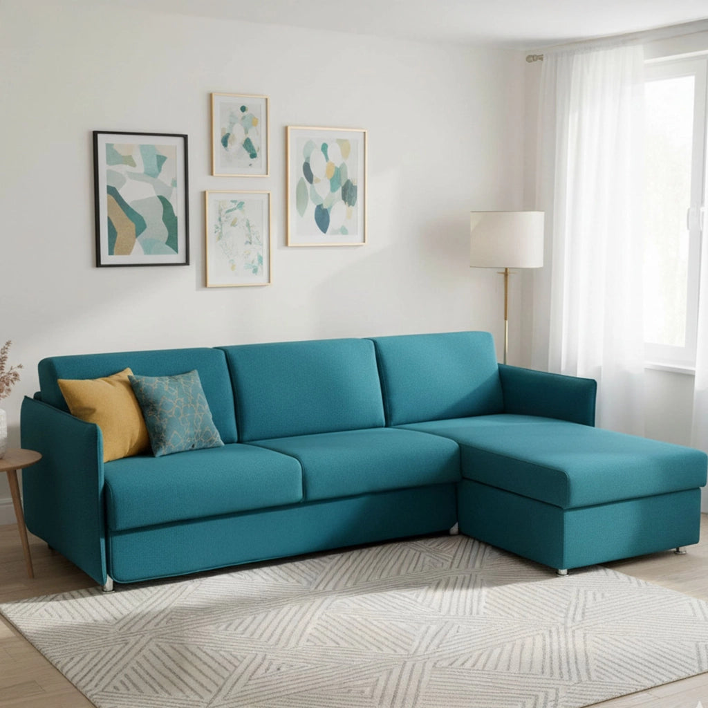 Sumirago, Divano Letto con Penisola Sfoderabile Made in Italy, 260x160 cm Azzurro