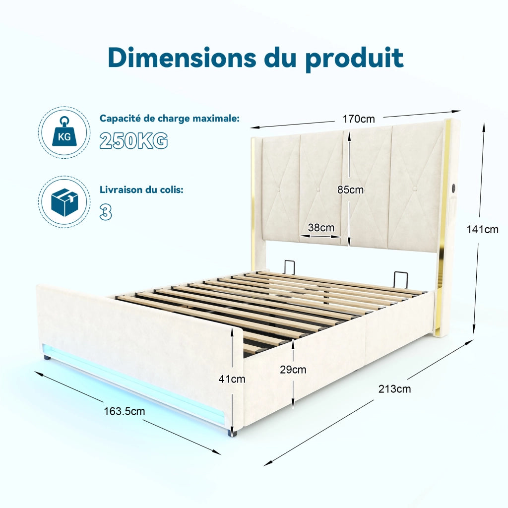 Letto Contenitore Matrimoniale 160x200 cm; USB; Type-C e LED; in Velluto Beige