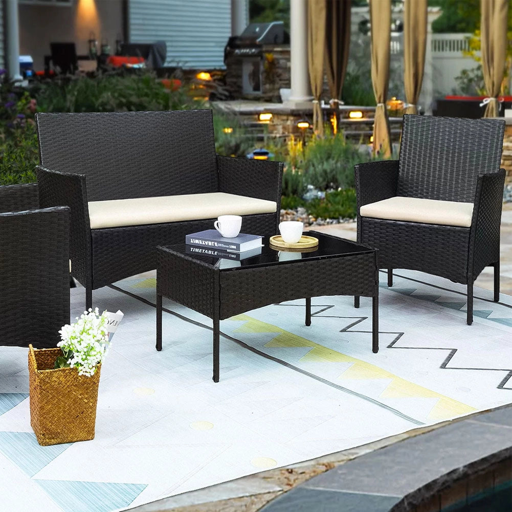 Set da Giardino 4pz in Polyrattan 2 Poltrone 1 Tavolino 1 Divano uso Esterno Nero