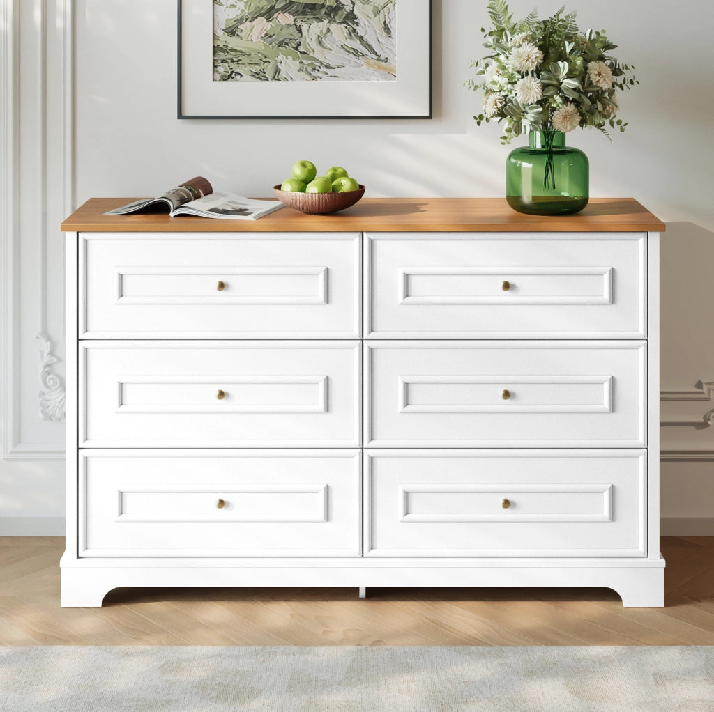 Sideboard 120x40x76 cm con 6 cassetti; motivo rustico; in MDF e truciolato; bianco e naturale