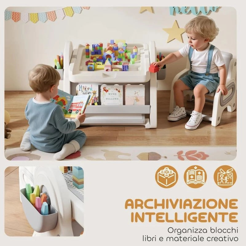 TAVOLO MULTIUSO PER BAMBINI CON RIPIANO CONTENITORE E CASSETTI, IN HDPE E PP, GRIGIO E BIANCO